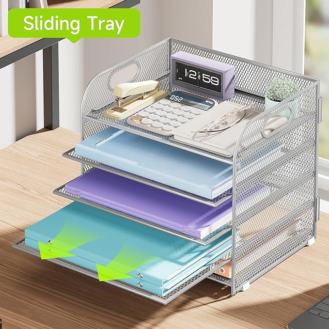 Cawukege 5 Tier Paper Organizer with Handle, Metal Mesh Desk Organizer File Folder Paper Letter Tray Desktop Document Sorter for Classroom, School, Office Accessories Organization and Storage - Silver