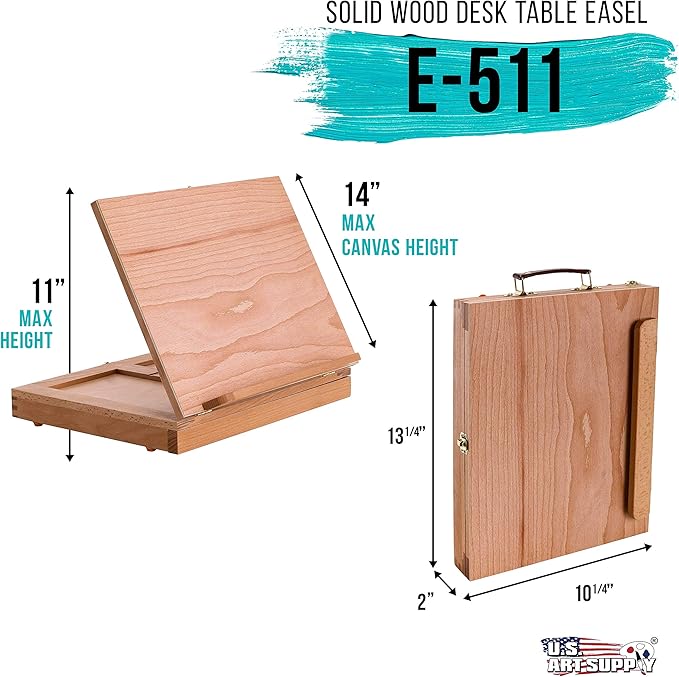U.S. Art Supply Solid Solana Adjustable Wood Art Easel: Portable Beechwood Tabletop Easel with Storage Drawer & Palette for Painting & Drawing, Artist Desktop