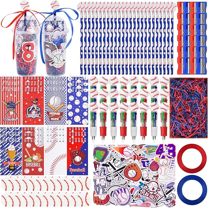 LiYiQ 247 Pcs Baseball Party Supplies Return Gifts for Party, Student Stationery Gifts from Teacher Rewards Prizes, Pencil Erasers Notebooks Stickers for Baseball Classroom Birthday