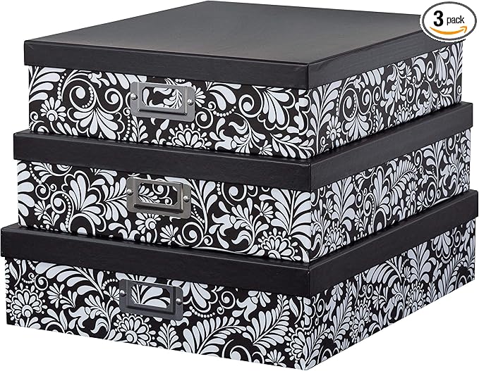 Soul & Lane Modern Botanical Decorative Cardboard Boxes with Lids, Set of 3 Black and White Floral Letter Storage for Documents, Memory Boxes for Keepsakes, Photos, Scrapbooks