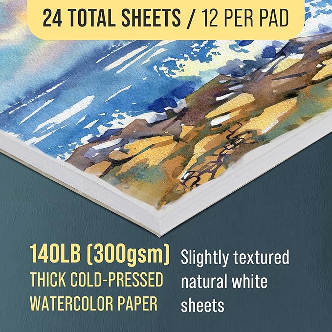 U.S. Art Supply 12" x 16" Premium Heavyweight Watercolor Paper Pad, Pack of 2 (12 Sheets Each), 140lb (300gsm) - Cold Pressed, Acid-Free, Wet, Water Color Paper - for Artists, Students