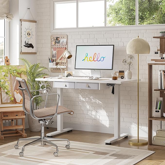 Agilestic Standing Desk with 2 Drawers, Adjustable Height Electric Desk with Storage, 48 x 24 Inches Sit Stand Up Computer Table for Work Office Home, White