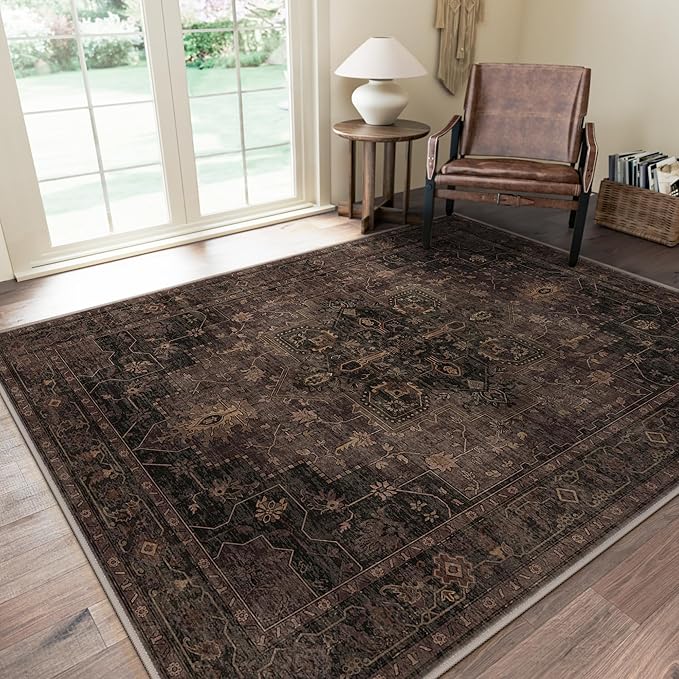 GENIMO 5x7 Area Rugs for Living Room, Machine Washable Rug, Non Slip Indoor Vintage Rug, Low Pile Lightweight Chenille Print Carpet for Bedroom Dining Room Home Office, Charcoal Brown