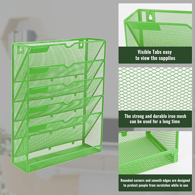 EASEPRES 6 Tier Mesh Hanging Wall File Organizer, Desk Vertical Mail Paper Document Folder Holder Rack with Bottom Tray and Nametag Label for Office Home School, Green