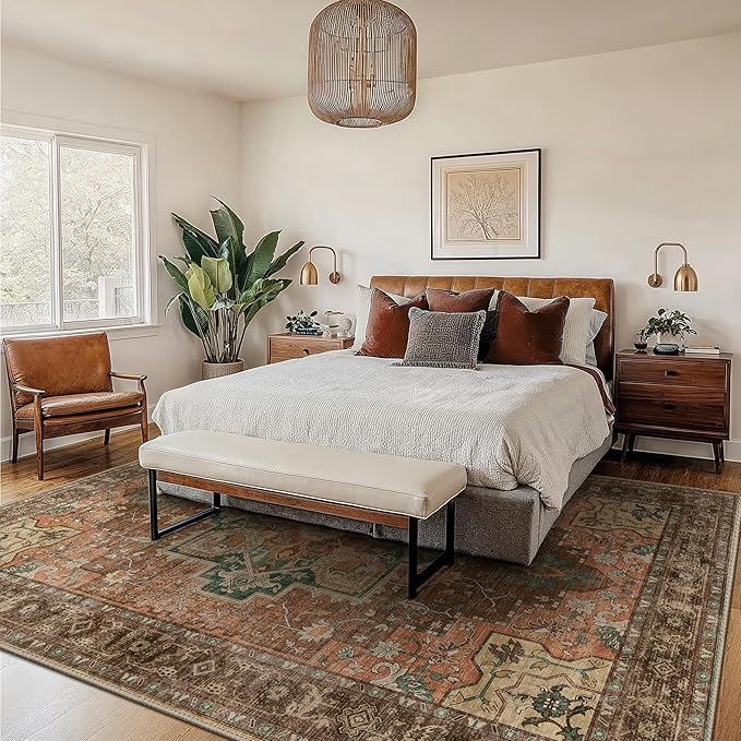 GENIMO 5x7 Area Rugs for Living Room, Machine Washable Non Slip Vintage Rugs, Low Pile Lightweight Chenille Print Rug for Bedroom, Dining Room, Home Office, Rosewood