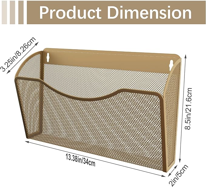 EasyPAG Single Pocket Wall File Organizer, Mesh Hanging File Folder Organizer for Letter/A4 Size Folders, Wall Mounted Vertical Mail Holder for Paperwork, Office, Home, School, Gold