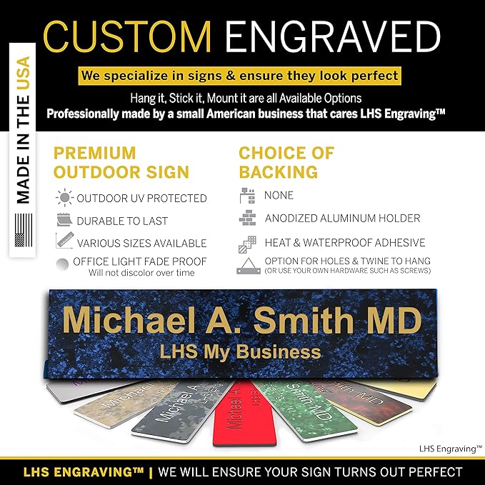 Custom Name Plate with Choice of Mounting for Walls, Doors, Cubicles, Hanging and More - Personalized Celestial Blue Plastic Gold Letters - USA Made 2x10 - S1