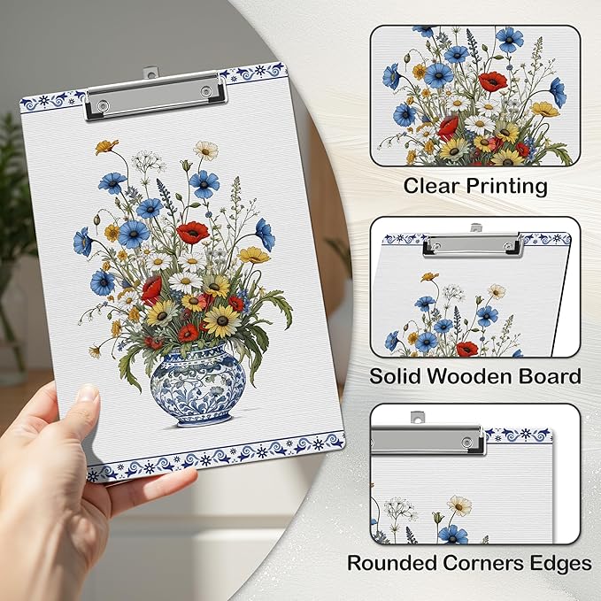 APIILVPQ Floral Clipboard, Vintage Blue Clipboards with Low Profile Clip for Office School Use, Chinoiserie Wooden Clip Boards for Nurses Teachers Students - A09