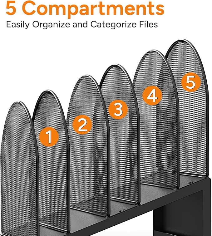 OUTIOE 5-Section Desk File Organizer, Metal Mesh Folder Organizer for Documents, Mail & Office Papers (Black)