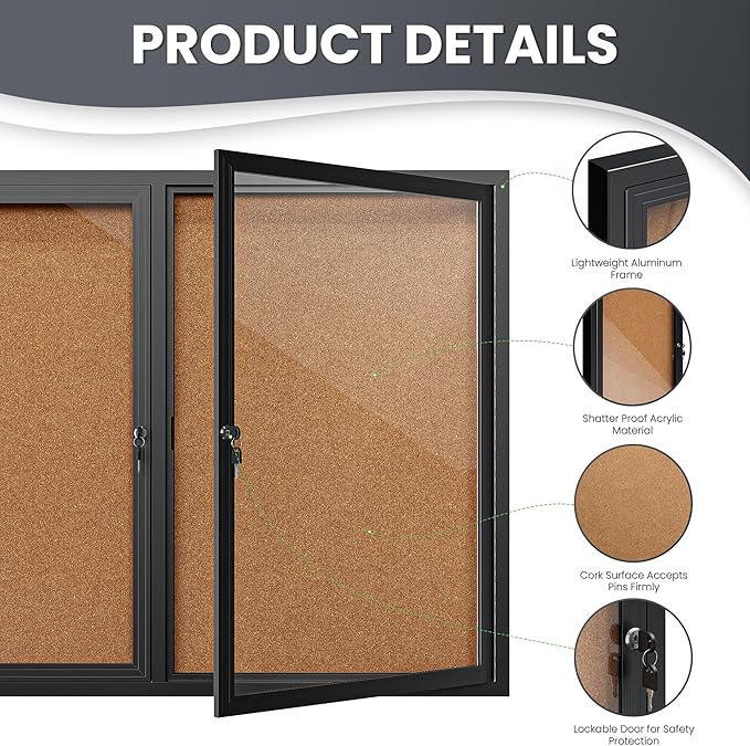 72"x36" Lockable Enclosed Bulletin Board, Outdoor Cork Weather-Resistant Aluminum Frame Notice Board, Wall Mounted Display Case Acrylic Doors for School,Office,Black Frame w/Cork