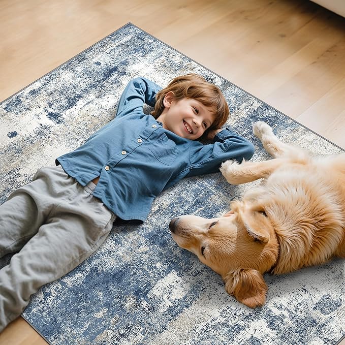 Office Chair Mat for Hardwood Tile Floor, Abstract 36"X 48" Desk Mats for Office Chair on Rolling Chairs Carpet, Desk Anti-Slip 1/5" Thick Rug for Computer Chair, Thin Low-Pile Floor Mat, Navy Beige