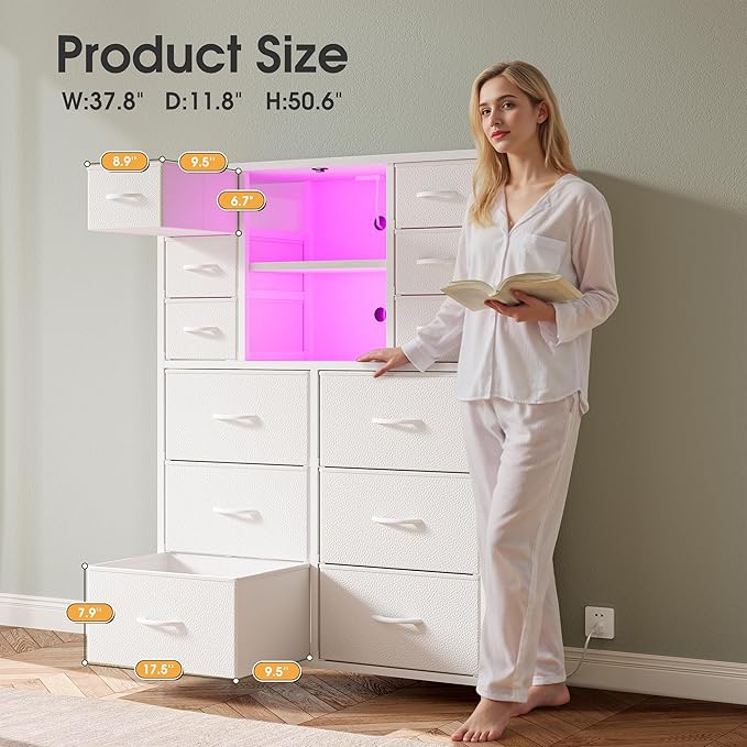 EnHomee Dresser for Bedroom with Drawers, Charging Station & LED Light, Large White Dresser for Hallway, Living Room, Entryway, Wooden Top, Metal Frame, 50.6" H x 37.8" W x 11.8" D