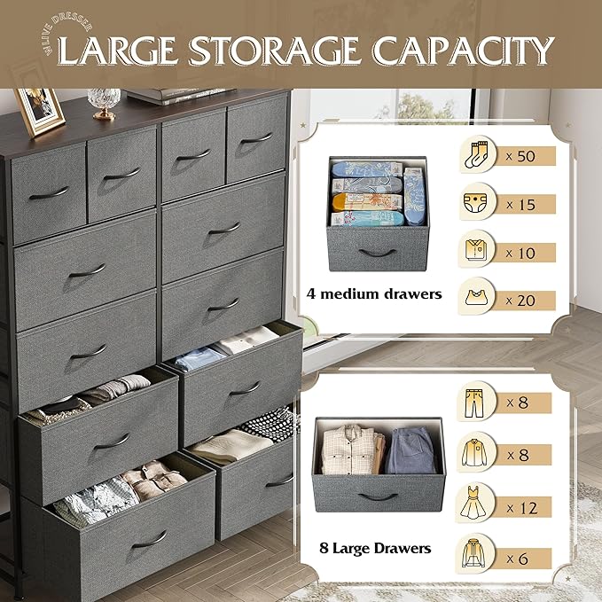WLIVE Tall Dresser for Bedroom with 12 Drawers, Chests of Drawers, Fabric Dressers for Closet, Living Room, Storage Dresser Organizer with Wood Top, Steel Frame, Dark Grey