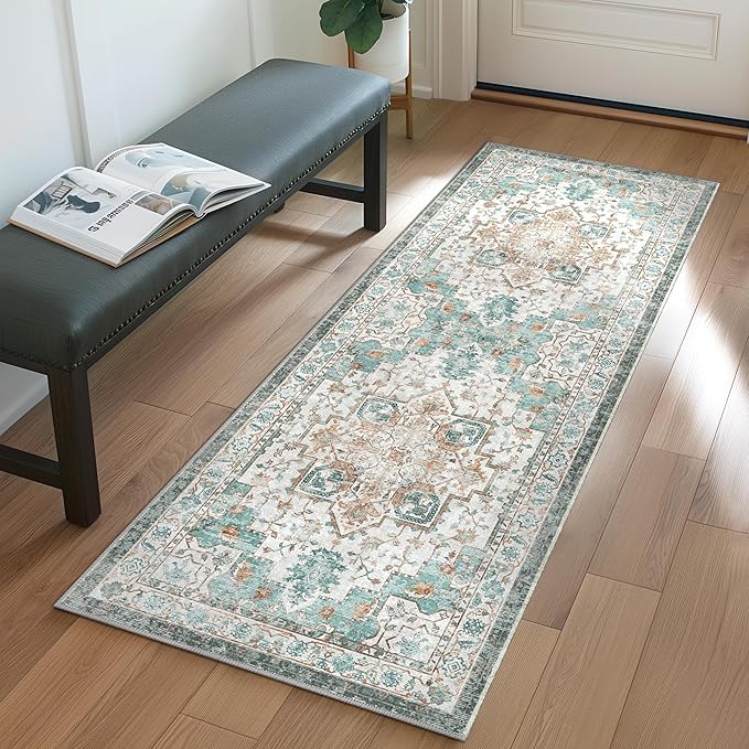 GENIMO 2x6 Runner Rugs for Hallway, Machine Washable Non Slip Vintage Rugs, Low Pile Lightweight Soft Print Rug for enrtyway, Corridor, Home Office, Kitchen, Cyan