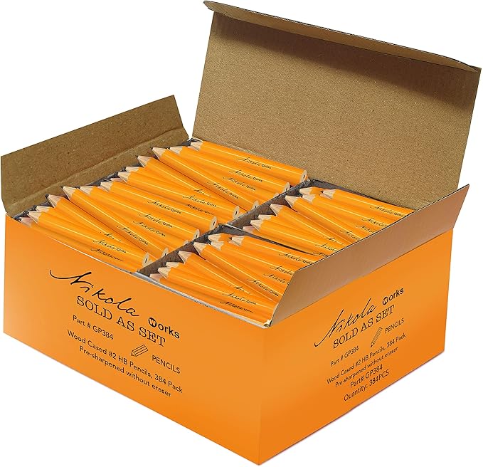 Nikola Works Mini Golf Pencils Without Erasers - 384 Count - Classic Pre-Sharpened #2 HB American Pew Pencils Standard Hex Shaped Bulk Pack