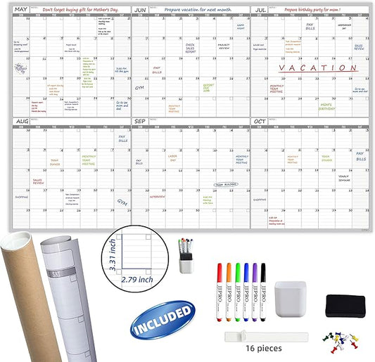 Large Dry Erase Wall Calendar - 60“ x 38" Undated Blank 6 Month Calendar - Giant Whiteboard 6 Month Poster - Premium Laminated Undated Planner for Classroom, Office, Project & Family Schedule