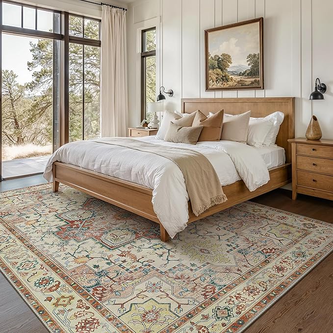 GENIMO 8x10 Area Rugs for Living Room, Machine Washable Non Slip Vintage Retro Rugs, Low Pile Lightweight Chenille Print Rug for Bedroom, Dining Room, Home Office,Floral Blossom