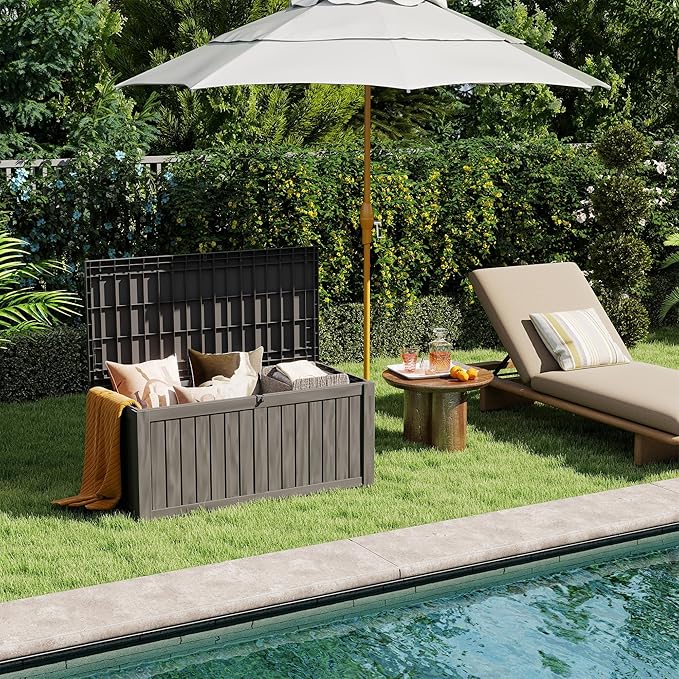 PATIOEASY Outdoor Storage Box 150GAL Waterproof Resin Deck Box,UV-Resistant Lockable Package Delivery Bin for Garden Tools,Large Patio Outside Cushions,Pool Accessories Supplies,Chest,Furniture,Black