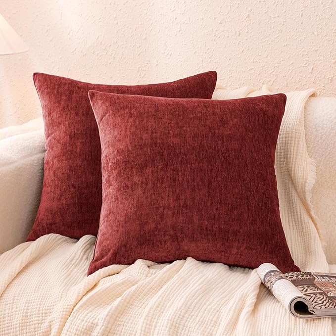 Amazon Basics Chenille Throw Pillow Covers, Home Decor Cushion Cover for Bedroom Living Room Couch Bed, 22" W × 22" L, Burgundy