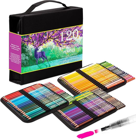 KALOUR Premium Watercolor Pencils, Set of 120 Colors,with Water Brush Pen,Portable Nylon Case,Numbered and Lightfastness,Water-soluble Colored Pencils for Adult Coloring,Water Color for Beginner Kids