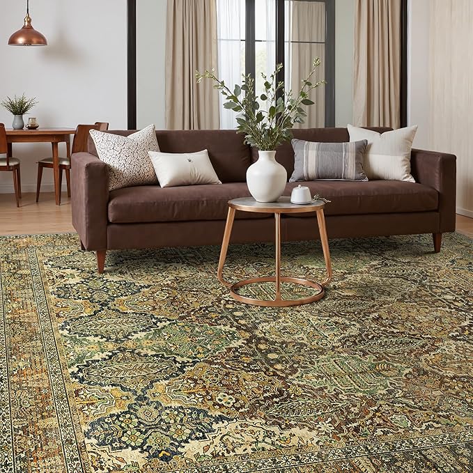 GENIMO 3x5 Area Rugs for Living Room, Machine Washable Non Slip Vintage Rugs, Low Pile Lightweight Chenille Print Rug for Bedroom, Dining Room, Home Office, Bronze Olive