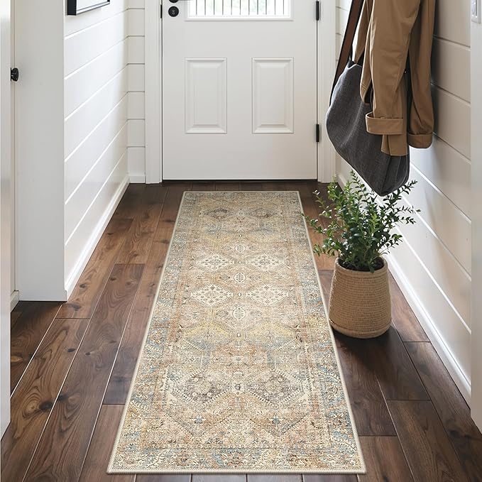GENIMO Runner Rug 2x7 Non Slip Machine Washable Hallway Runner Vintage Rug, Low Pile Lightweight Rugs for Entryway, Hallway, Kitchen and Corridor, Warm Brown
