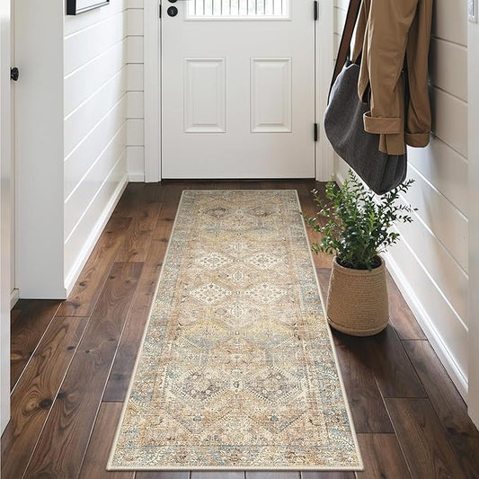 GENIMO Runner Rug 2x7 Non Slip Machine Washable Hallway Runner Vintage Rug, Low Pile Lightweight Rugs for Entryway, Hallway, Kitchen and Corridor, Warm Brown