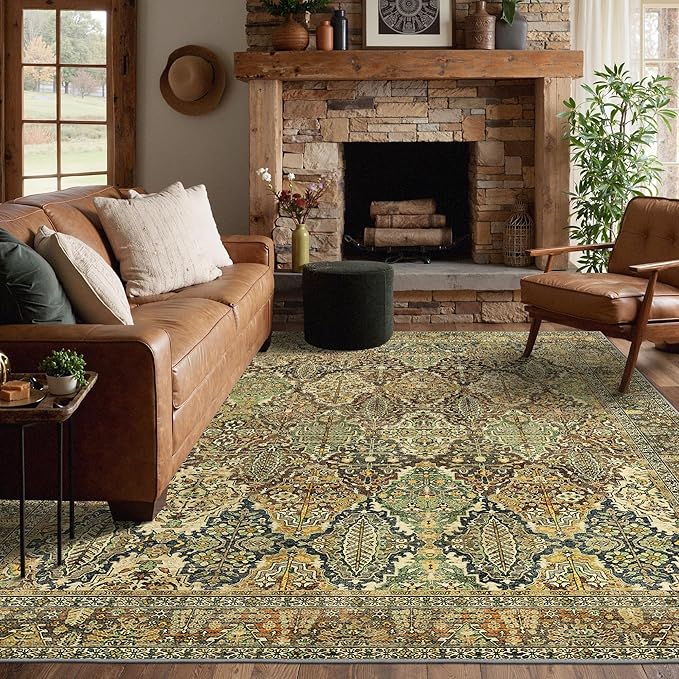 GENIMO 3x5 Area Rugs for Living Room, Machine Washable Non Slip Vintage Rugs, Low Pile Lightweight Chenille Print Rug for Bedroom, Dining Room, Home Office, Bronze Olive