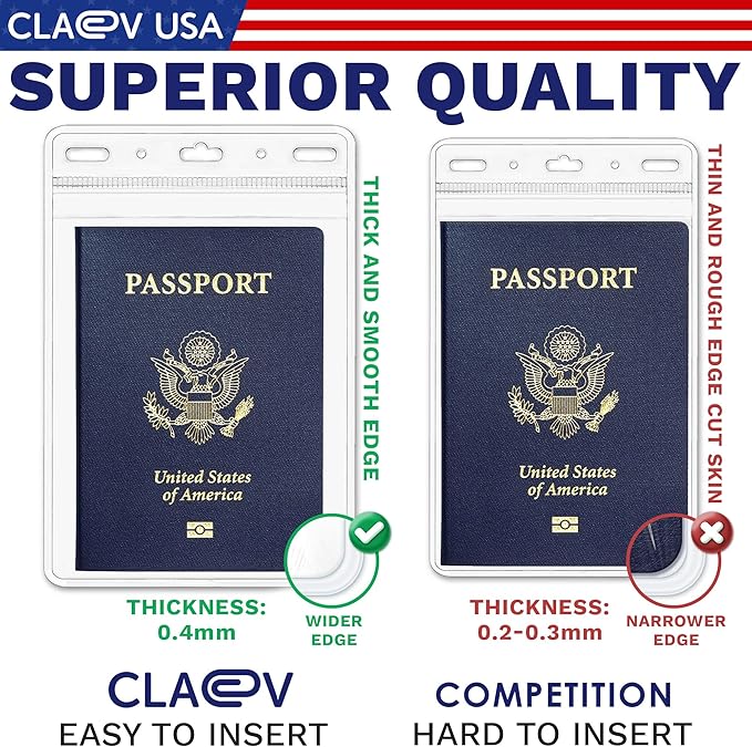 Claev Flexible and Tear Resistant Vertical 4x6 Passport & Card Holders (4x6 Extra Large (XXL), 50 Pack), Clear Zipperless ID Plastic Name Card Badge Holders for Travel, Conferences, Conventions