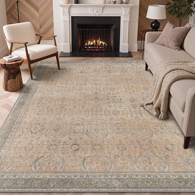 GENIMO 6x9 Area Rugs for Living Room, Machine Washable Non Slip Vintage Rugs, Low Pile Lightweight Chenille Print Rug for Bedroom, Dining Room, Home Office, Oatmeal Beige