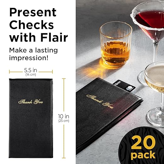 Gold Lion Gear Restaurant Check Presenters - Guest Check Card Holder with Gold Thank You Imprint - 5.5" x 10" Black 20 Pack, Standard Server Book - Waitress Book