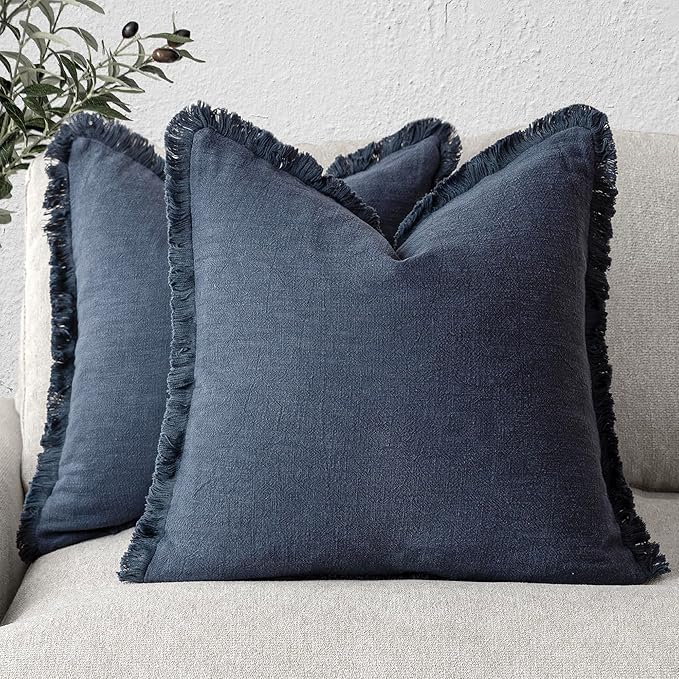 Foindtower Set of 2 Decorative Linen Fringe Throw Pillow Covers Cozy Boho Farmhouse Cushion Cover with Tassels Soft Accent Pillowcase for Couch Sofa Bed Living Room Home Decor, 26×26 Inch, Navy Blue