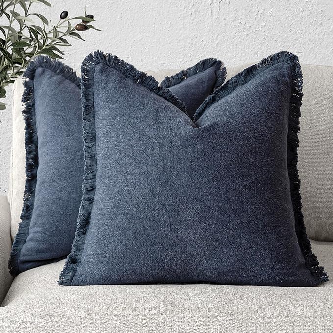 Foindtower Set of 2 Decorative Linen Fringe Throw Pillow Covers Cozy Farmhouse Boho Cushion Cover with Tassels Soft Accent Pillowcase for Couch Sofa Bed Living Room Home Decor 20×20 Inch Navy Blue