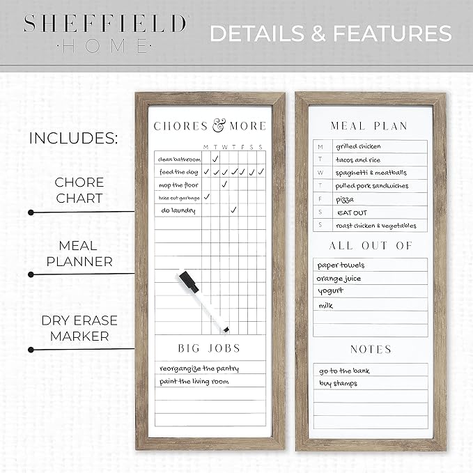 Sheffield Home Set of Two Family Planner Dry Erase Boards Featuring, Chore Chart, Shopping List, Weekly Meal Planner and Notes, 9x21 Inch, Natural