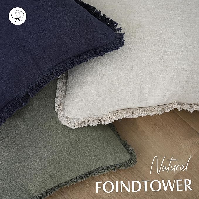 Foindtower Set of 2 Decorative Linen Fringe Throw Pillow Covers Cozy Boho Farmhouse Cushion Cover with Tassels Soft Accent Pillowcase for Couch Sofa Bed Living Room Home Decor, 16×16 Inch, Beige