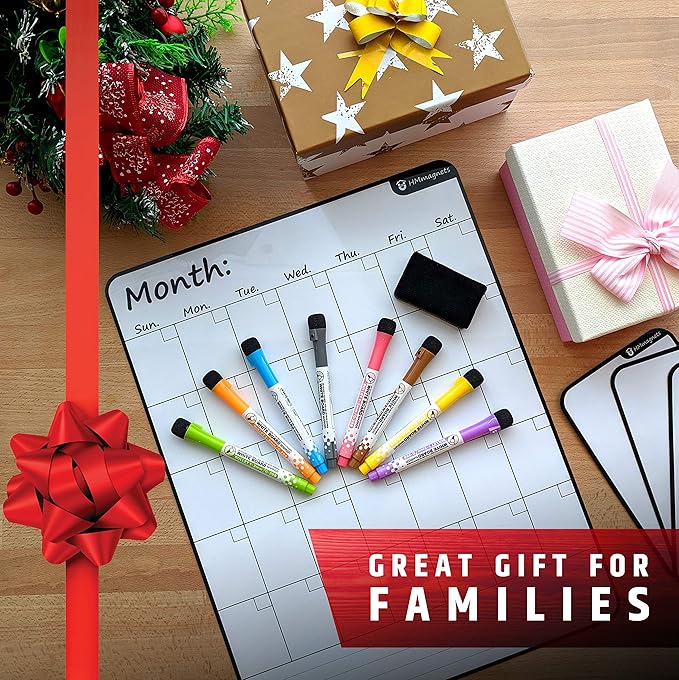 Large Dry-Erase Magnetic Monthly Calendar + Free Bonus: 3 Grocery/to-Do List Whiteboards (Organizer/Planner) for Kitchen Fridge - Full Set: 8 Markers + Eraser | Stain Free | Vertical