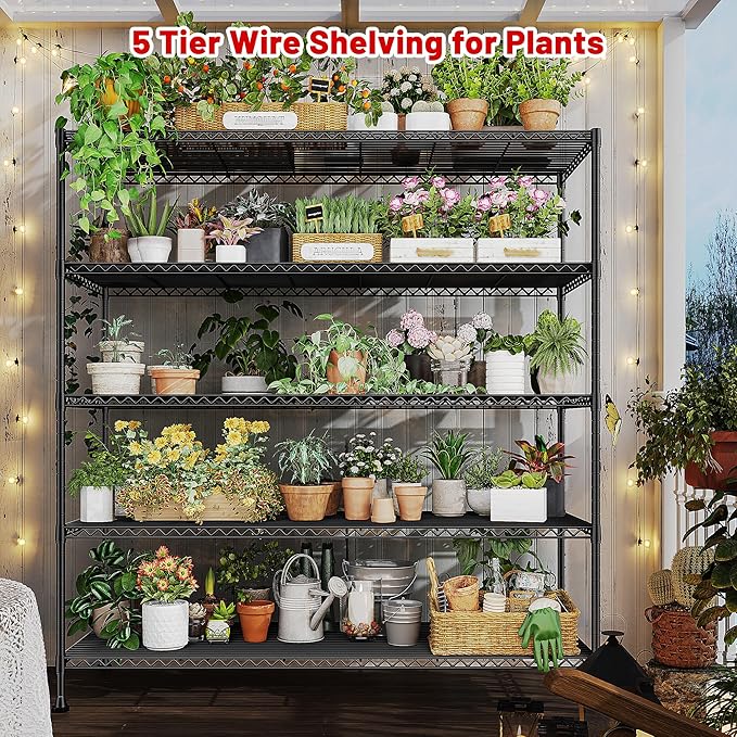 REIBII 45.8“W Metal Shelving Storage Shelves, 5-Tier Wire Shelving Unit,Heavy Duty Garage Shelving, Adjustable Storage Rack for Pantry Kitchen Dining Room Restaurant Supermarket Commercial Black