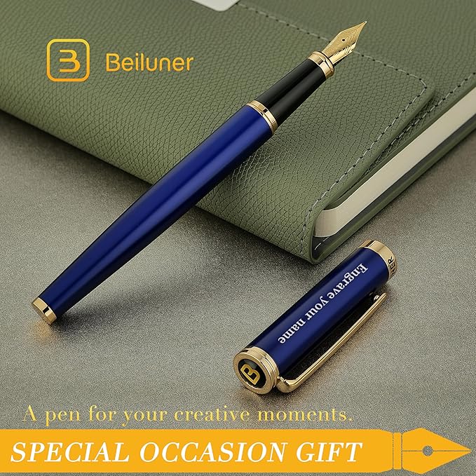 BEILUNER Blue Personalized Fountain Pen,Stunning Luxury Lacquer,24K Gilded Nib(Fine),Gorgeous 24K Gold Finish, Ink Converter,Fancy Gift for Men&Women-Elegant, Graduation,Nice Pens for Writing