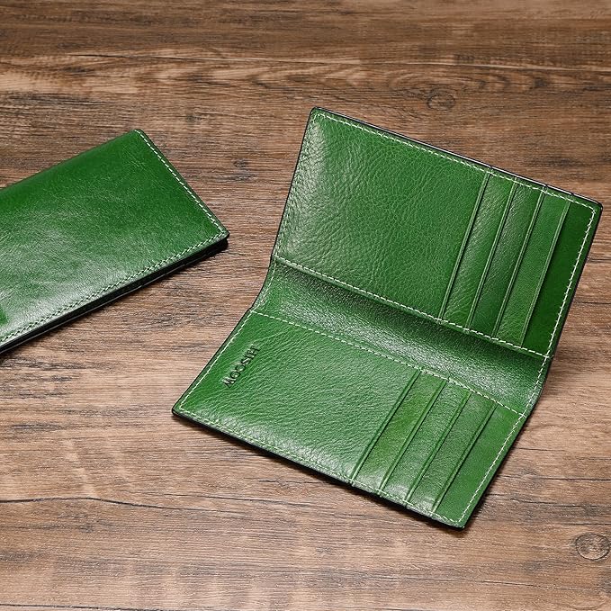 Slim Leather Credit Card Holder for Men & Women 8cc, Italian Calfskin (Green Vegetable-Tanned Leather)