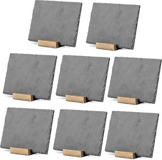 Ilyapa Mini Chalkboard Signs with Stand, 8 Pack - Rustic 5x6 Inch Small Slate Tabletop Chalk Boards with Wood Stands Set, Food Signs for Buffet Table