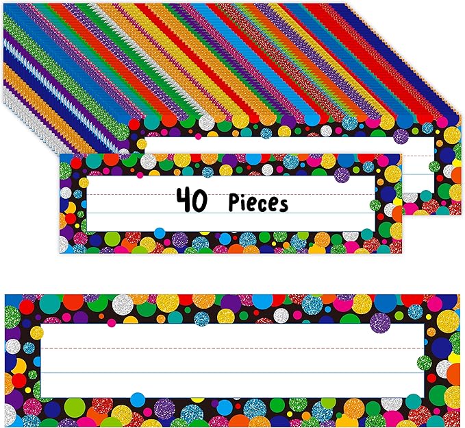 40PCS Traditional Manuscript Name Plates, Confetti Desk Name Tags with Double Sided PET Film Student Name Labels Erasable & Reusable Desk Nameplates for School Classroom Organization (10” x 2.8”)