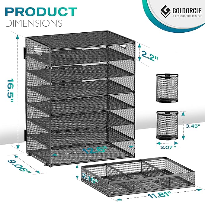 GoldOrcle 8 Tier Paper Letter Tray Organizer with Drawer & 2 Pen Holders, Mesh Desk File Holder Storage Organization for Home School Classroom & Office