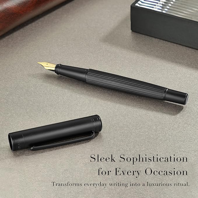MCNTEIK Matte Black Forest Fountain Pen, Exquisite Vertical Grooving Design, 18K Gilded Nib (Fine), Fancy Pen Gift Set for Men & Women, Professional, Business Signature, Office, Nice Designer Pens