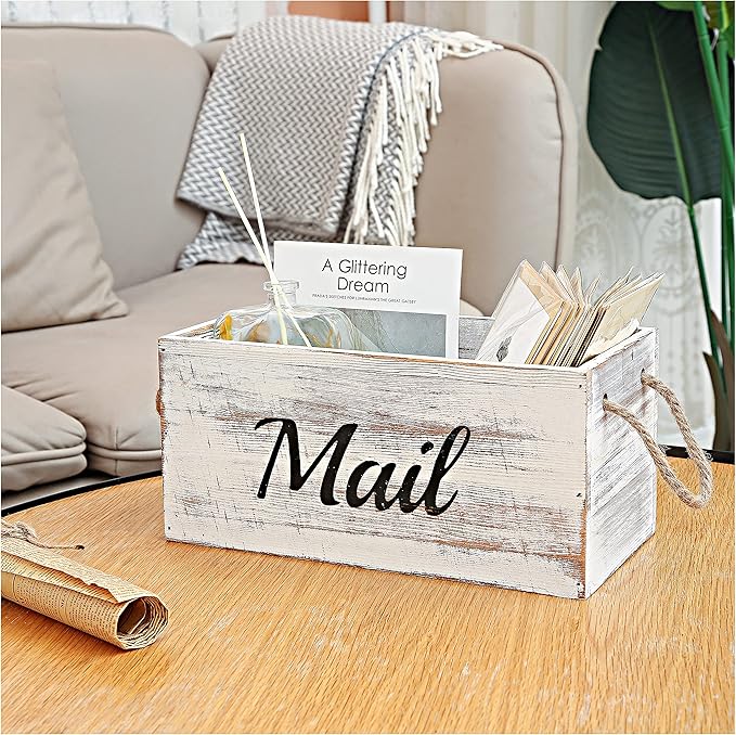 HoreZer Wood Mail Holder Box,Decorative Mail Organizer Box Countertop,Letter Holder Box for Desk with Chalkboard & Rope Handles,Rustic Desk Mail Organizer Home Office(White)