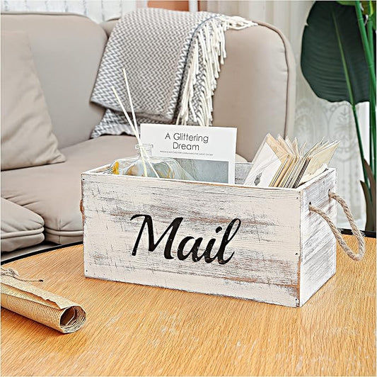 HoreZer Wood Mail Holder Box,Decorative Mail Organizer Box Countertop,Letter Holder Box for Desk with Chalkboard & Rope Handles,Rustic Desk Mail Organizer Home Office(White)