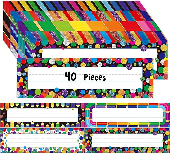 40PCS Desk Nameplates, 4 Designs Double Sided PET Film Desk Name Tags Erasable & Reusable Traditional Manuscript Name Plate Colorful Decoration for Student School Classroom Organization (10” x 2.8”)