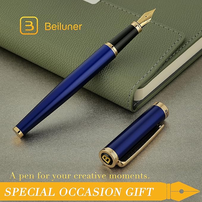 BEILUNER Blue Fountain Pen,Stunning Luxury Pens with 24K Gold Accents, Gorgeous 24K Gilded Nib(Extra Fine), Fancy Pen Gift for Men&Women -Ink Converter-Elegant, Reliable,Graduation Presents, Nice Pen