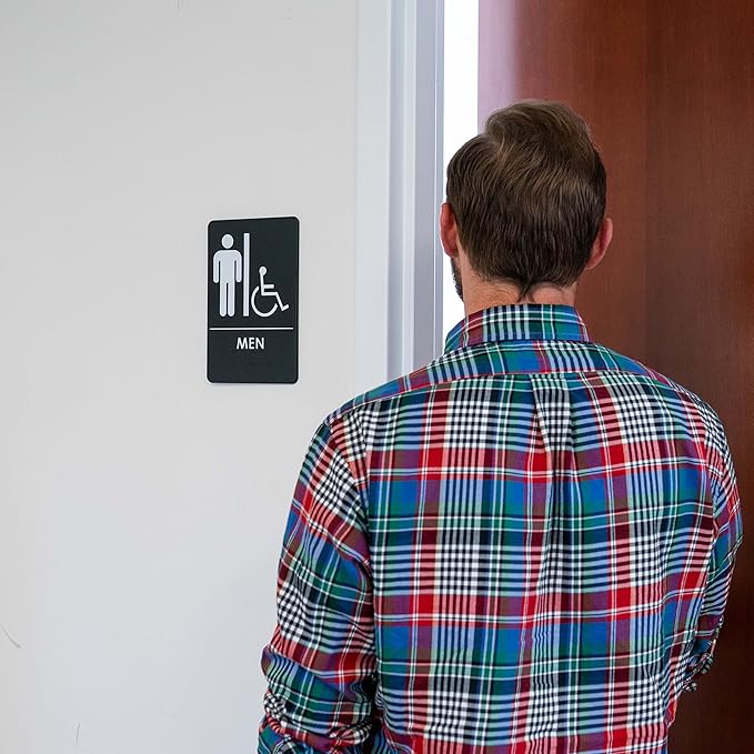 USA Made - Men's and Women's Restroom Signs ADA-Compliant Bathroom Door Signs for Offices, Businesses, and Restaurants, Black, Blue, Grey and Taupe/Tan Colors (Black Handicap)