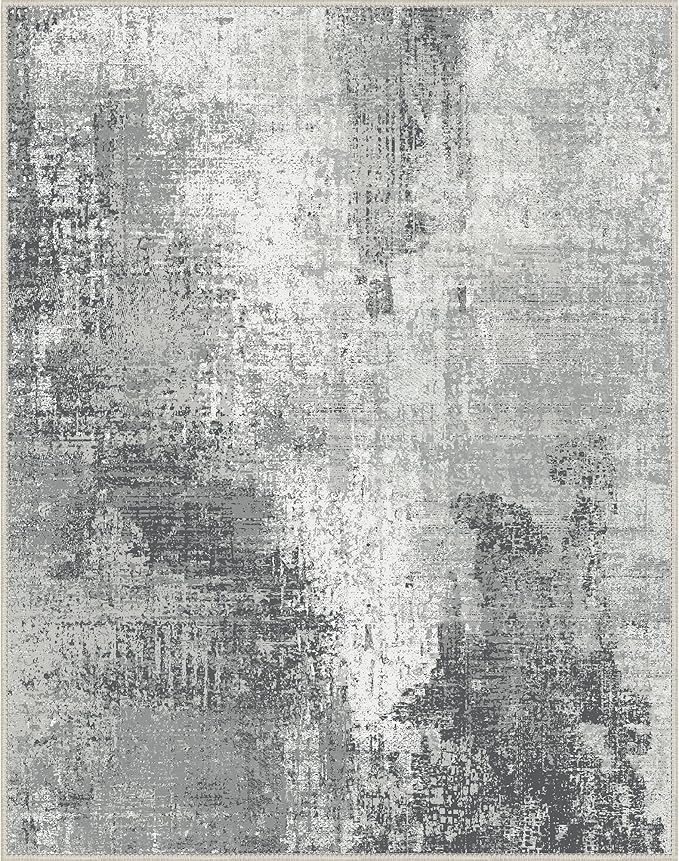 GENIMO Washable Area Rugs for Living Room, 8x10 Modern Non Slip Rugs, Low Pile Lightweight Soft Print Rug for Bedroom, Dining Room, Home Office, Washed Ink Grey White