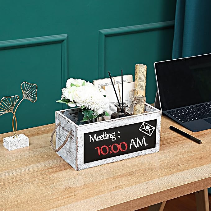 HoreZer Wood Mail Holder Box,Decorative Mail Organizer Box Countertop,Letter Holder Box for Desk with Chalkboard & Rope Handles,Rustic Desk Mail Organizer Home Office(White)